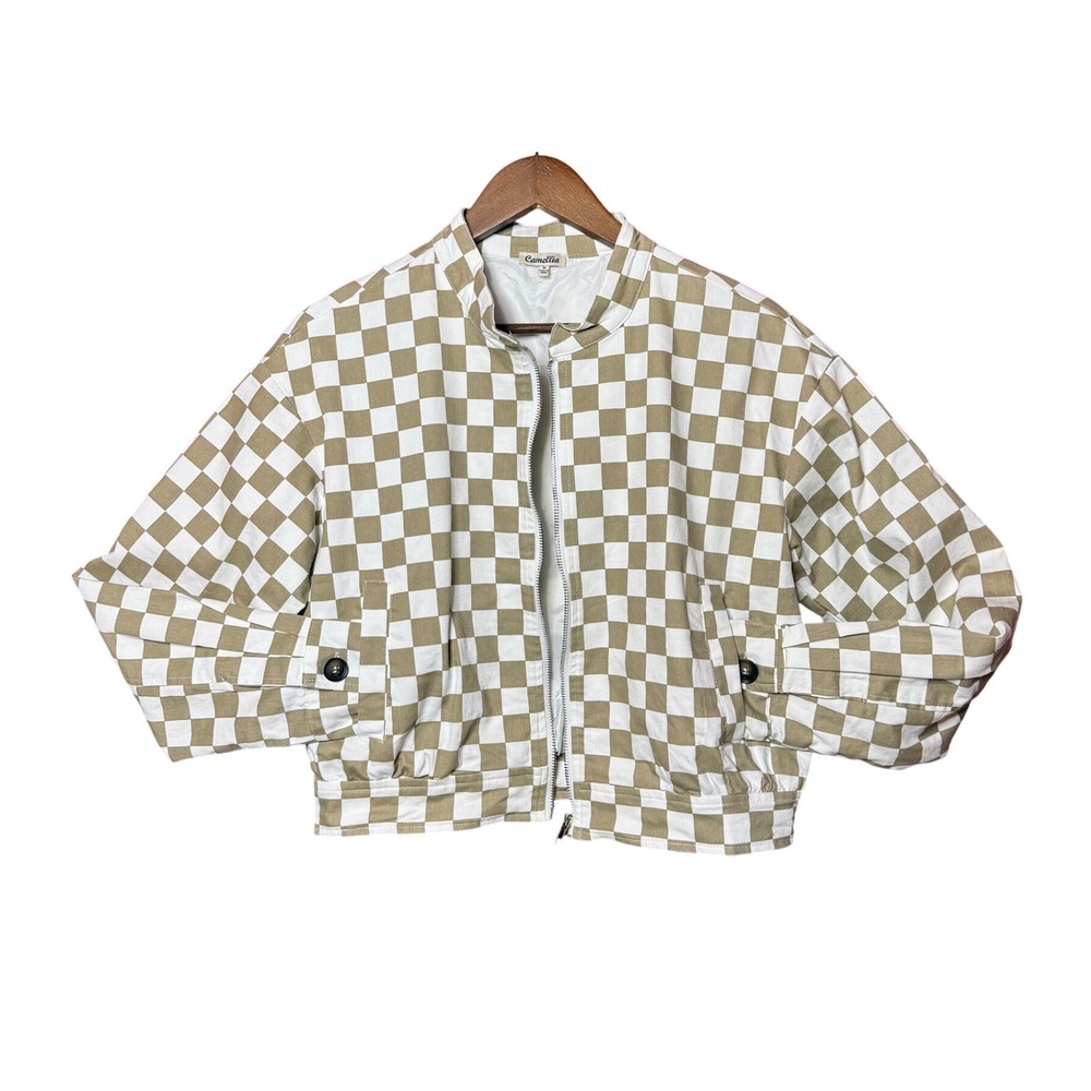 Camellia Women Medium Tan White Checkered Zip Up Pocket Bomber Jacket Streetwear